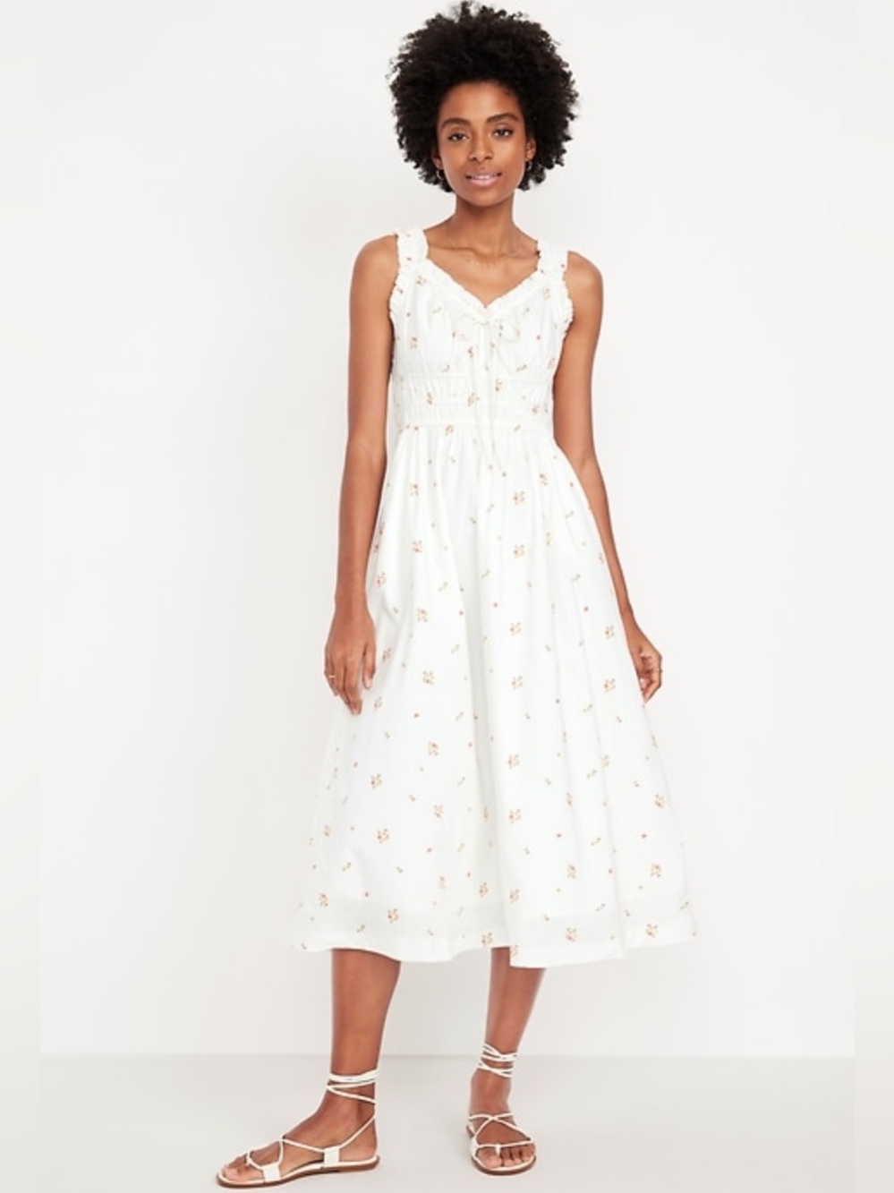 Waist-Defined Ruffled Midi Dress by Old Navy L White/Ditsy Floral